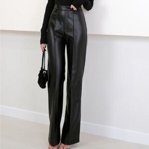 Commense Black Faux Leather Straight-Leg Pants